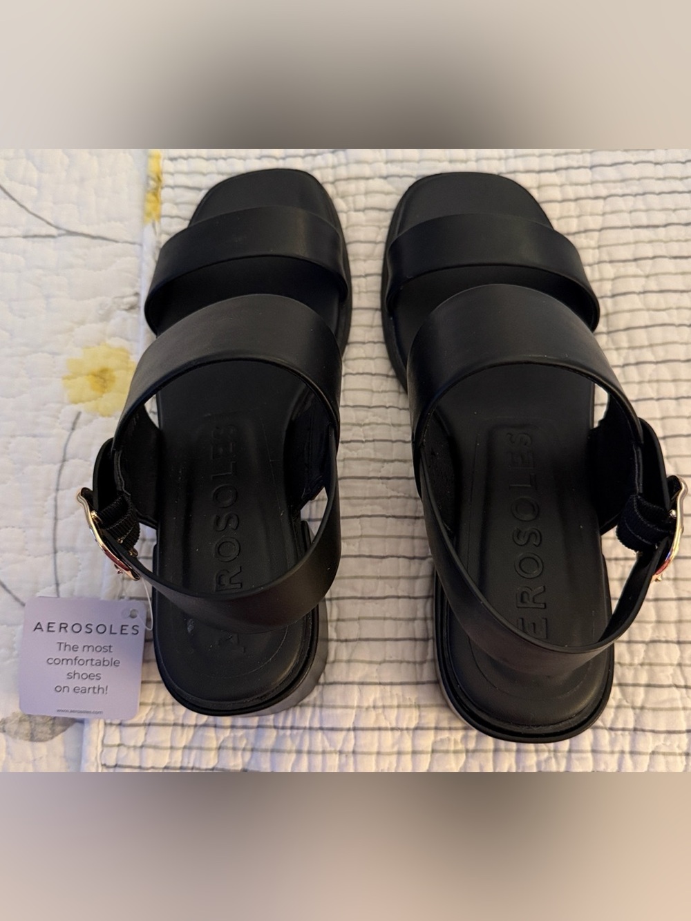 AEROSOLES Black Two-Strap Slide Sandals with Gold Buckle